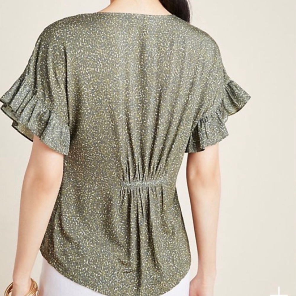Anthropologie Womens Leopard Print Top Mitzi Boho Large Green Olive Stretch - Picture 3 of 12